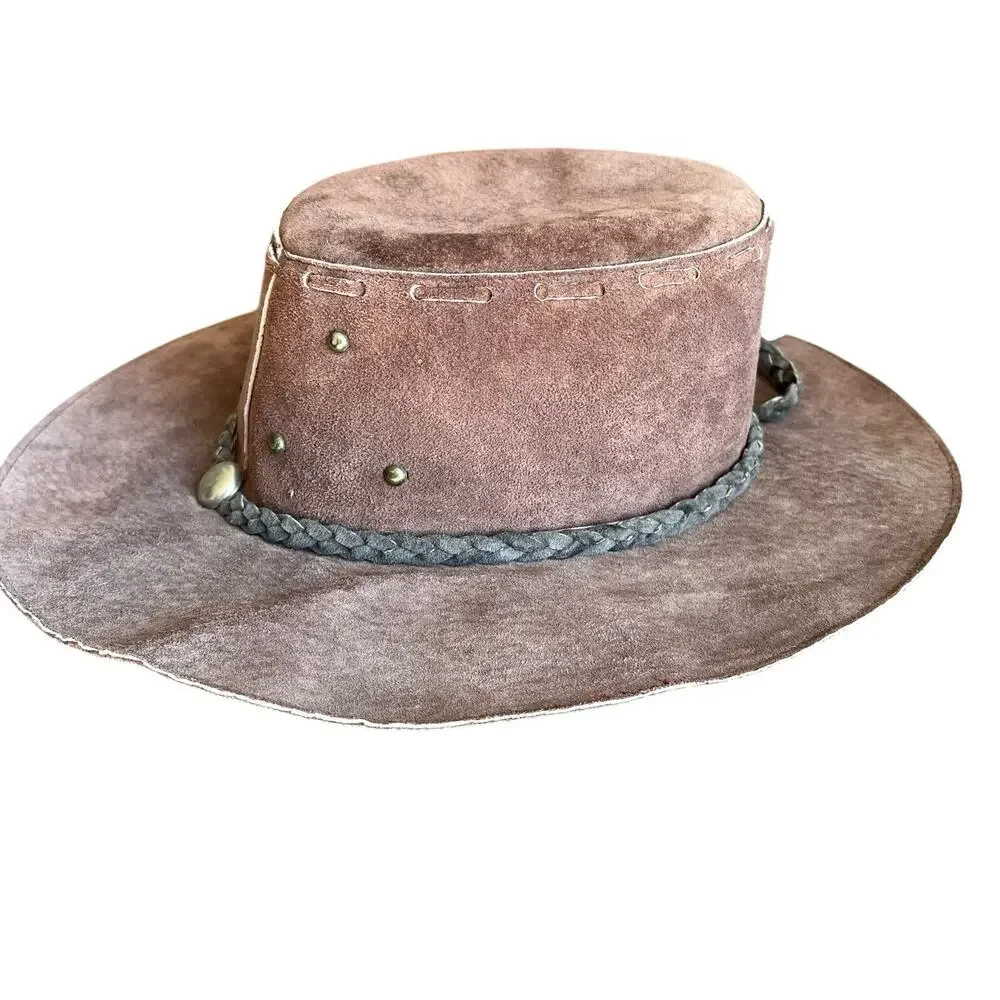 Leather Cowboy Hat Unisex Size M Men Women Vintage Brown Suede Retro Western